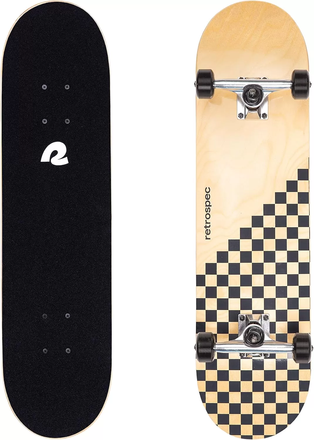 imageRetrospec Alameda Skateboard Complete  Canadian Maple Wood Deck w 55 Inch Aluminum Alloy Trucks for Commuting Cruising Carving ampamp Downhill RidingBlack Checker