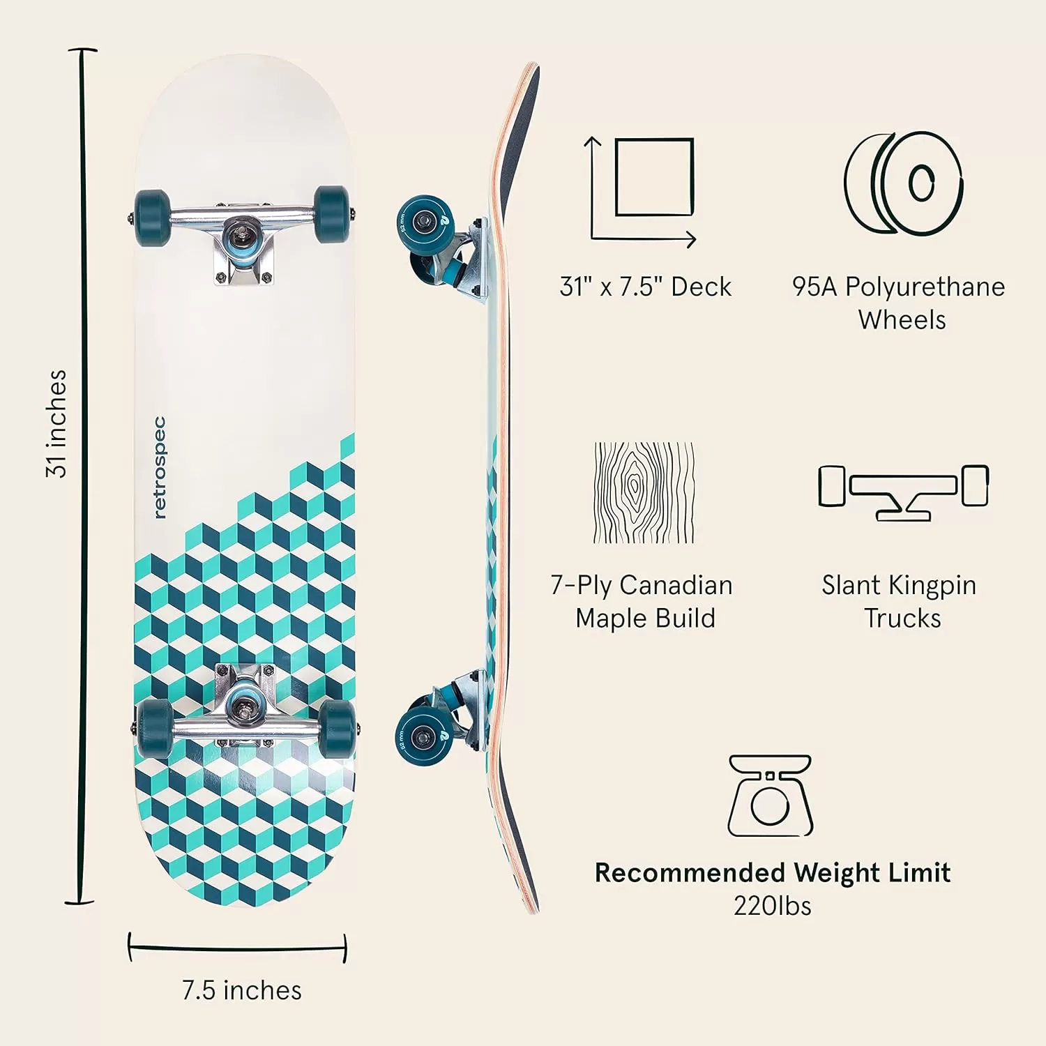 imageRetrospec Alameda Skateboard Complete  Canadian Maple Wood Deck w 55 Inch Aluminum Alloy Trucks for Commuting Cruising Carving ampamp Downhill RidingMarine Isometric