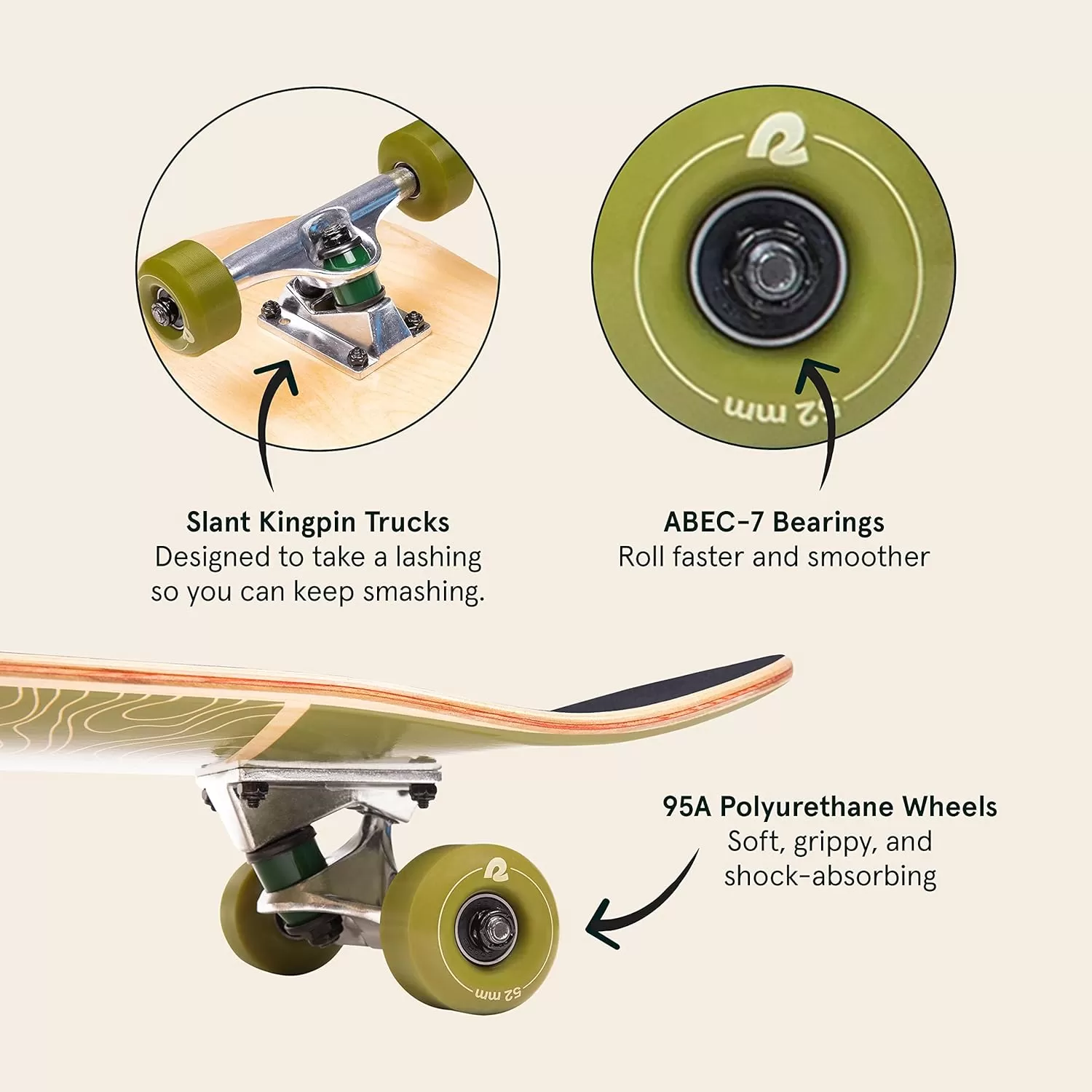 imageRetrospec Alameda Skateboard Complete  Canadian Maple Wood Deck w 55 Inch Aluminum Alloy Trucks for Commuting Cruising Carving ampamp Downhill RidingTopo Olive