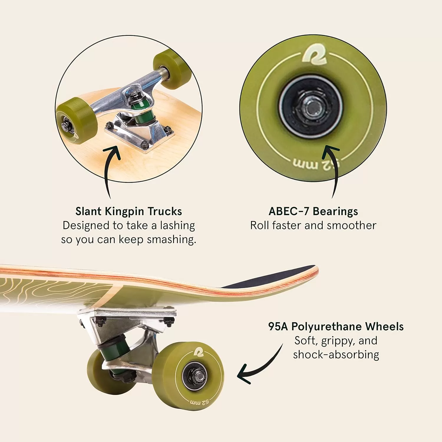 imageRetrospec Alameda Skateboard Complete  Canadian Maple Wood Deck w 55 Inch Aluminum Alloy Trucks for Commuting Cruising Carving ampamp Downhill RidingTopo Olive
