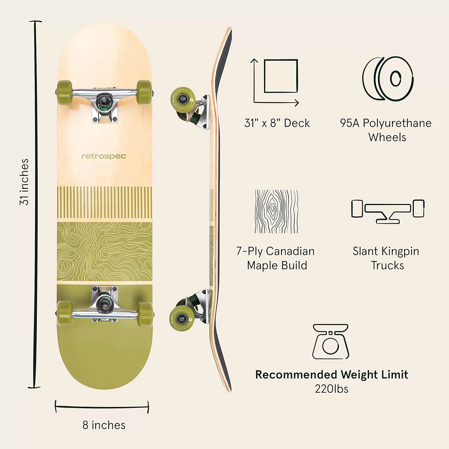 imageRetrospec Alameda Skateboard Complete  Canadian Maple Wood Deck w 55 Inch Aluminum Alloy Trucks for Commuting Cruising Carving ampamp Downhill RidingTopo Olive