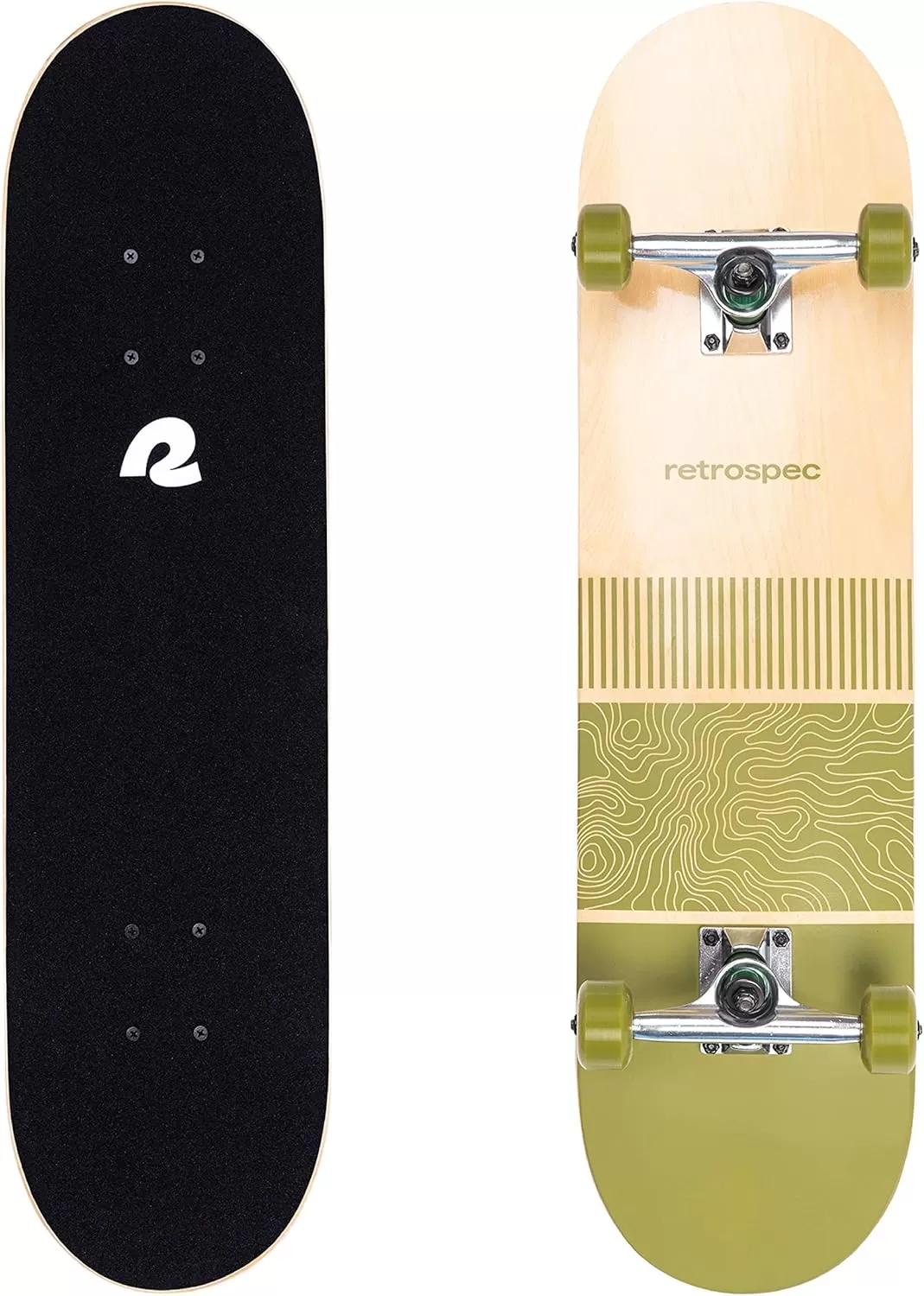imageRetrospec Alameda Skateboard Complete  Canadian Maple Wood Deck w 55 Inch Aluminum Alloy Trucks for Commuting Cruising Carving ampamp Downhill RidingTopo Olive