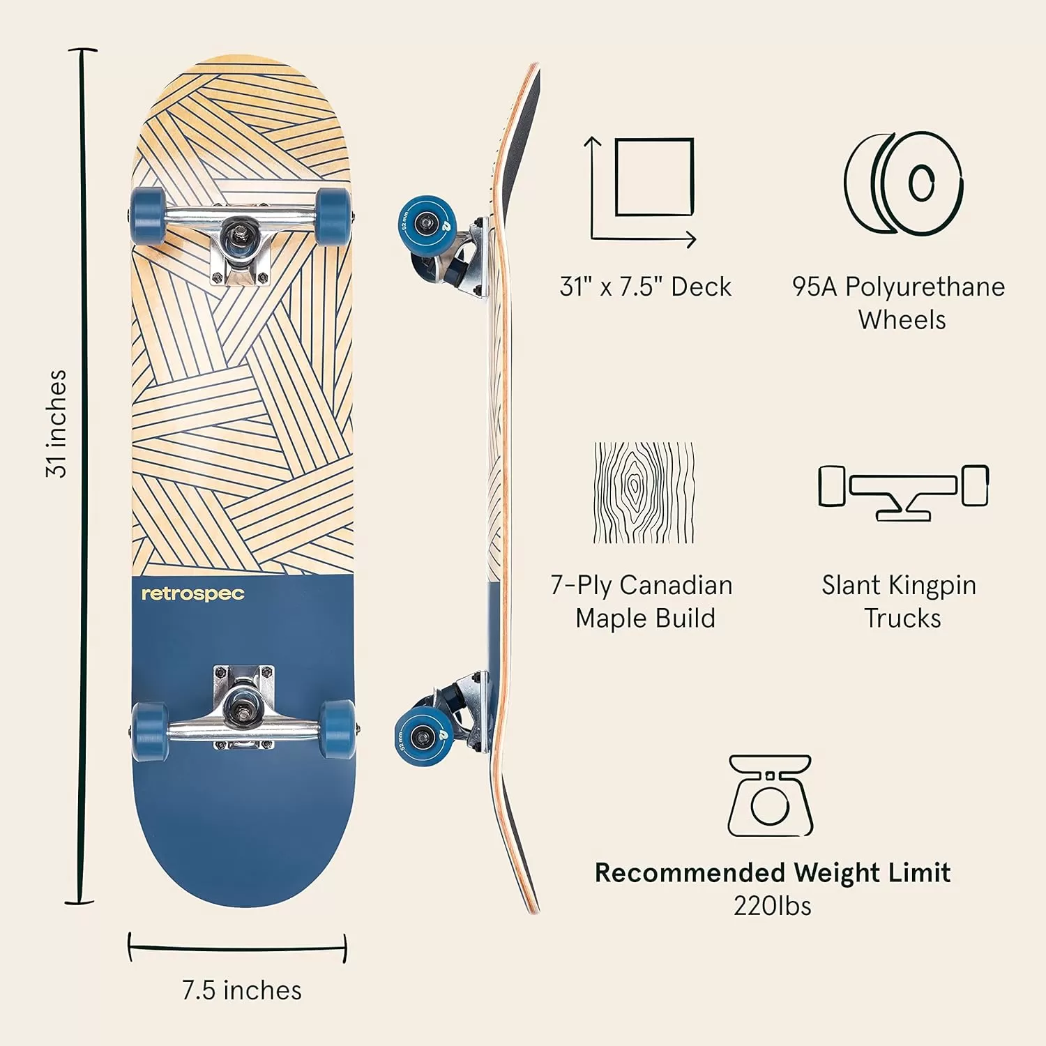 imageRetrospec Alameda Skateboard Complete  Canadian Maple Wood Deck w 55 Inch Aluminum Alloy Trucks for Commuting Cruising Carving ampamp Downhill RidingWoven Navy