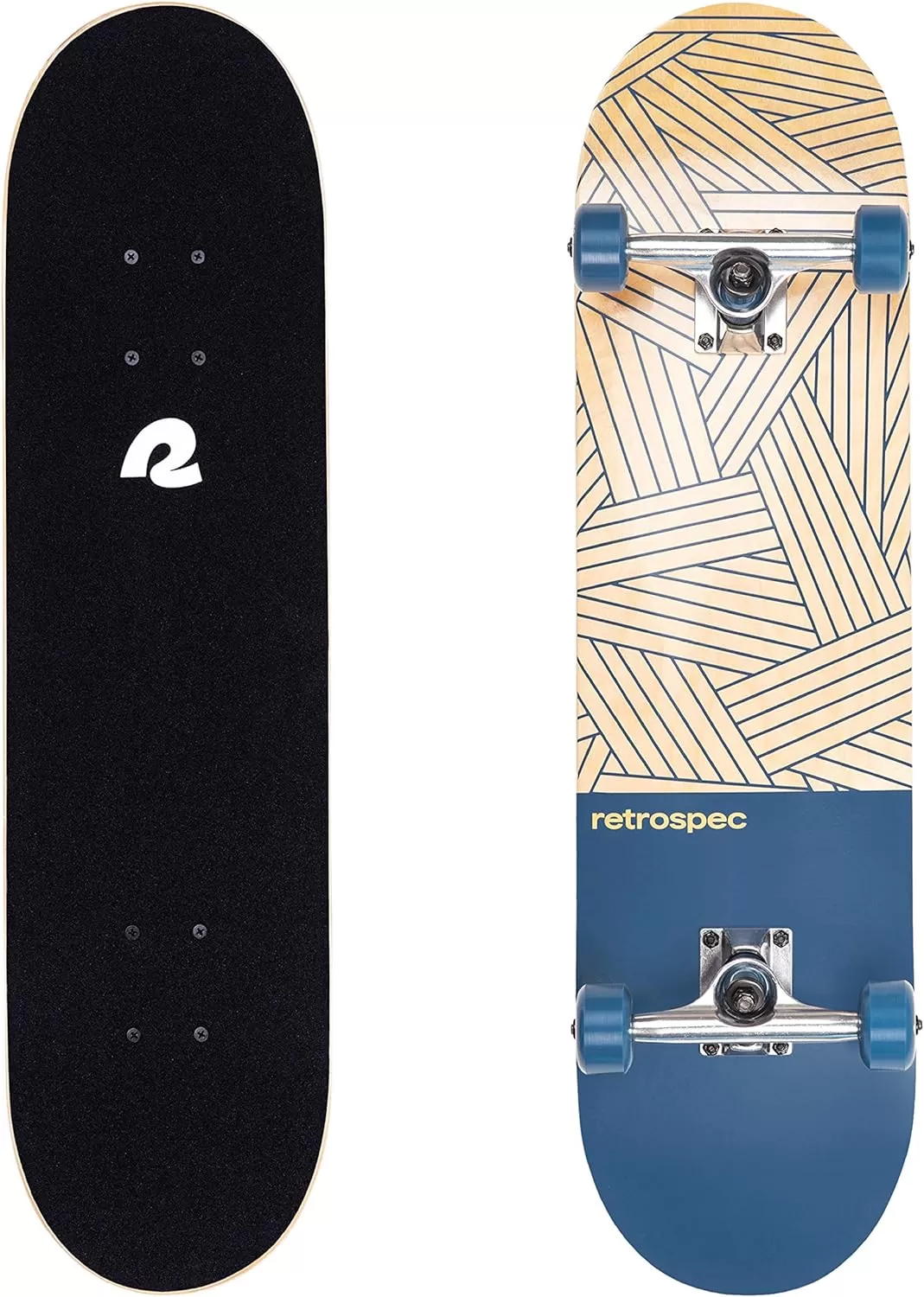 imageRetrospec Alameda Skateboard Complete  Canadian Maple Wood Deck w 55 Inch Aluminum Alloy Trucks for Commuting Cruising Carving ampamp Downhill RidingWoven Navy