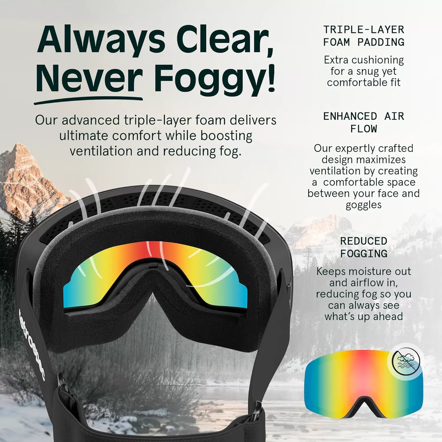 imageRetrospec Flume Ski Goggles for Men and Women UV Protection Over Glasses AntiFog Scratch ResistantMatte AbaloneJasper