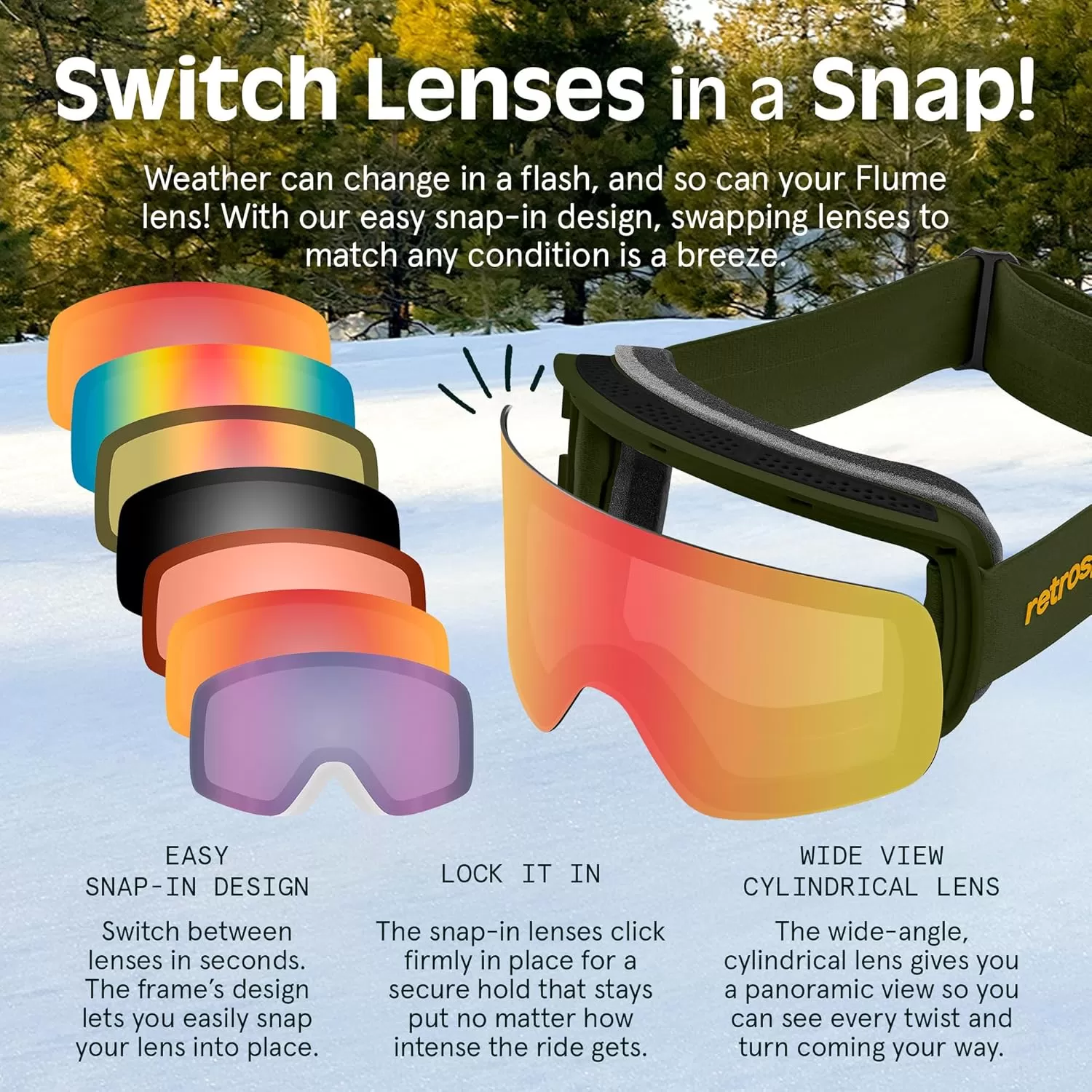 imageRetrospec Flume Ski Goggles for Men and Women UV Protection Over Glasses AntiFog Scratch ResistantMatte BlackKaleido