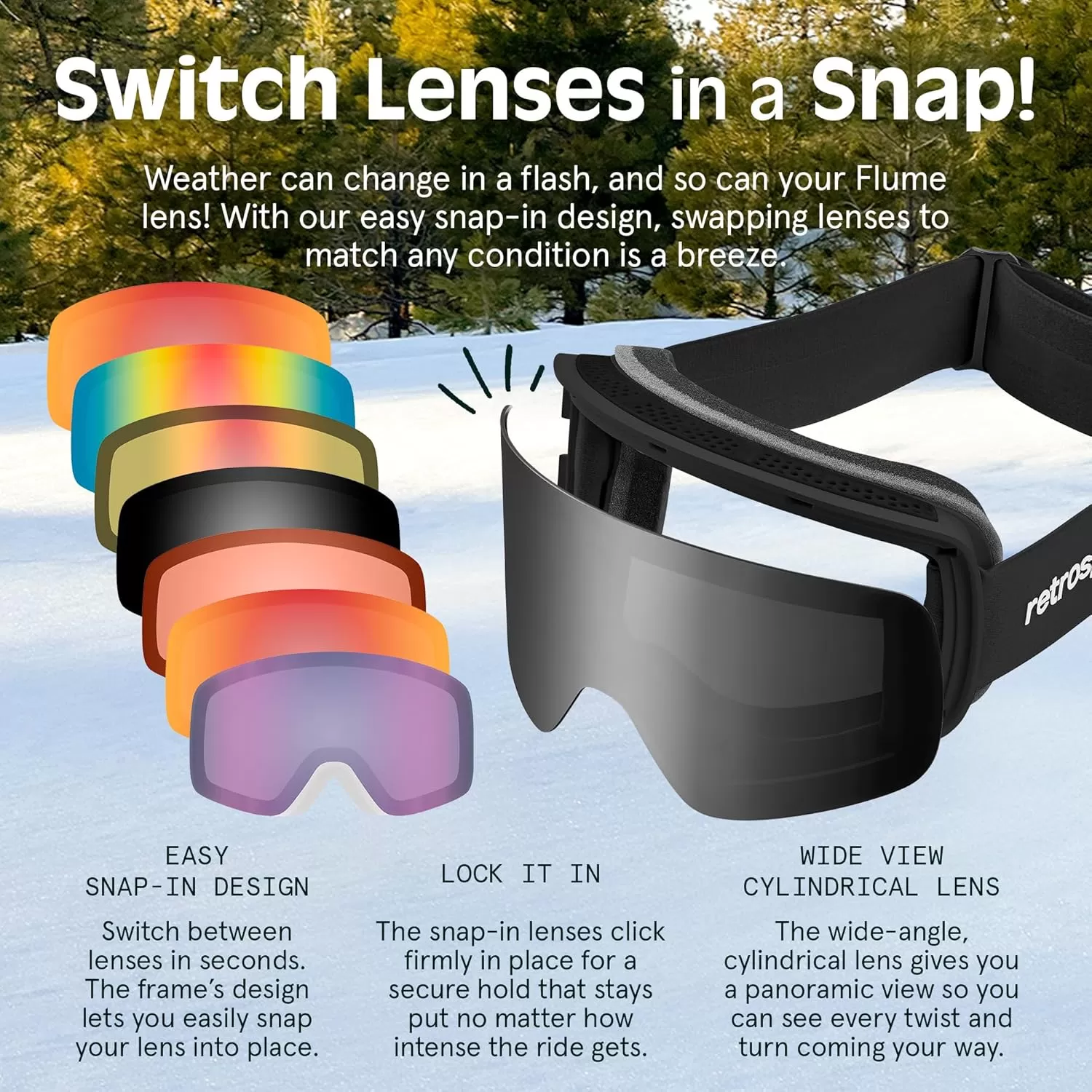 imageRetrospec Flume Ski Goggles for Men and Women UV Protection Over Glasses AntiFog Scratch ResistantMatte BlackMirror Polarized