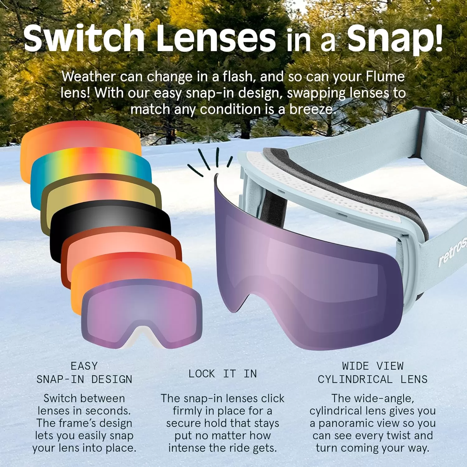 imageRetrospec Flume Ski Goggles for Men and Women UV Protection Over Glasses AntiFog Scratch ResistantMatte IceBismuth