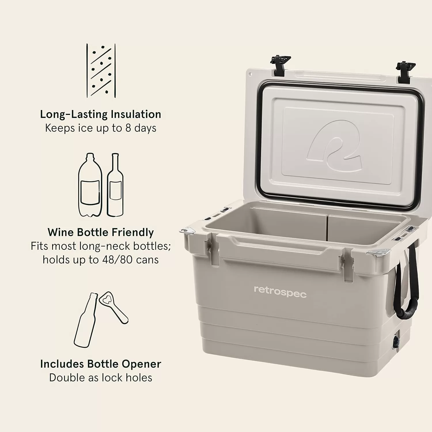 imageRetrospec Palisade Rotomolded 45 Qt Cooler  Fully Insulated Portable Ice Chest with Built in Bottle Opener TieDown Slots ampamp Dry Goods Basket  Large Beach Camping ampamp Travel Coolers  Dune