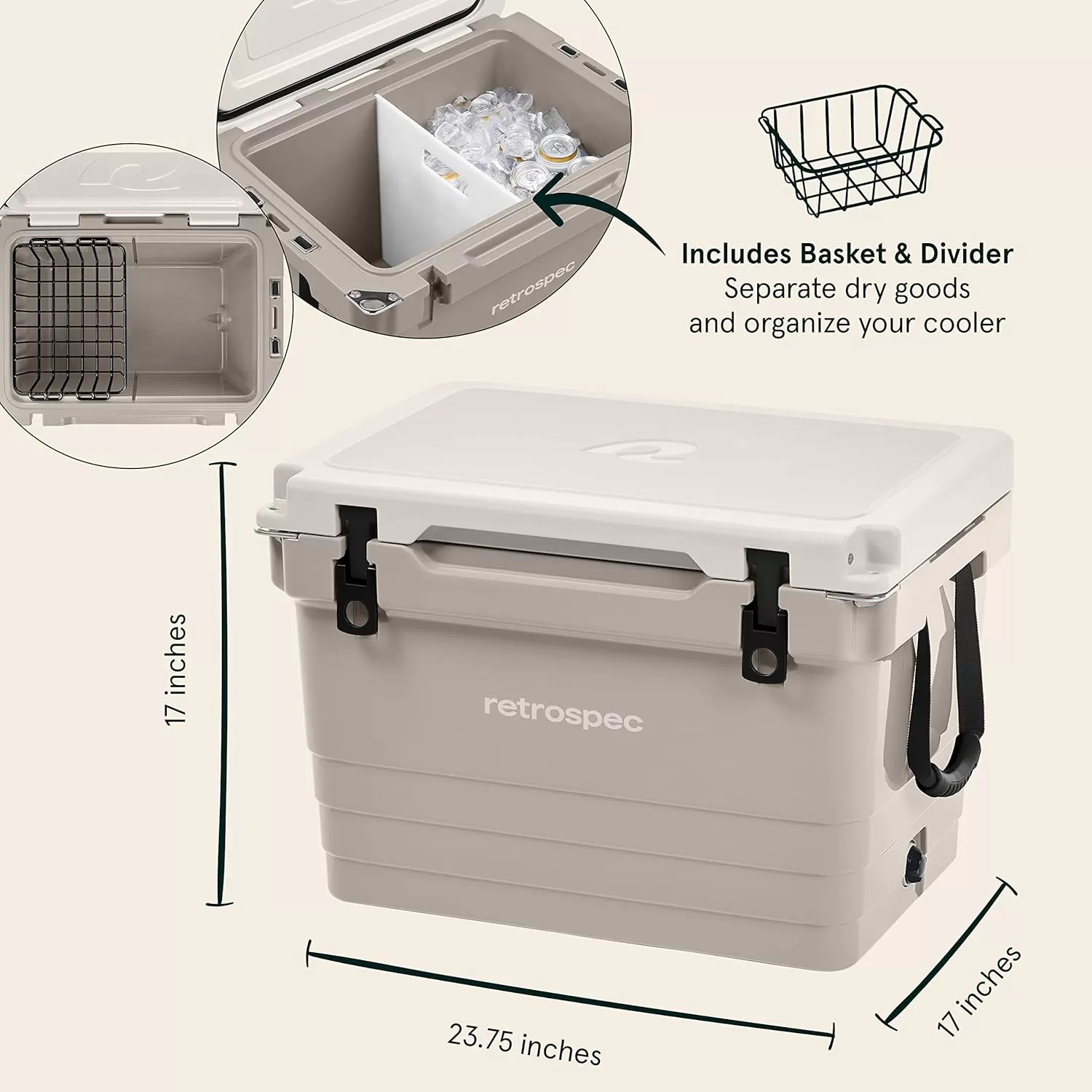 imageRetrospec Palisade Rotomolded 45 Qt Cooler  Fully Insulated Portable Ice Chest with Built in Bottle Opener TieDown Slots ampamp Dry Goods Basket  Large Beach Camping ampamp Travel Coolers  Dune