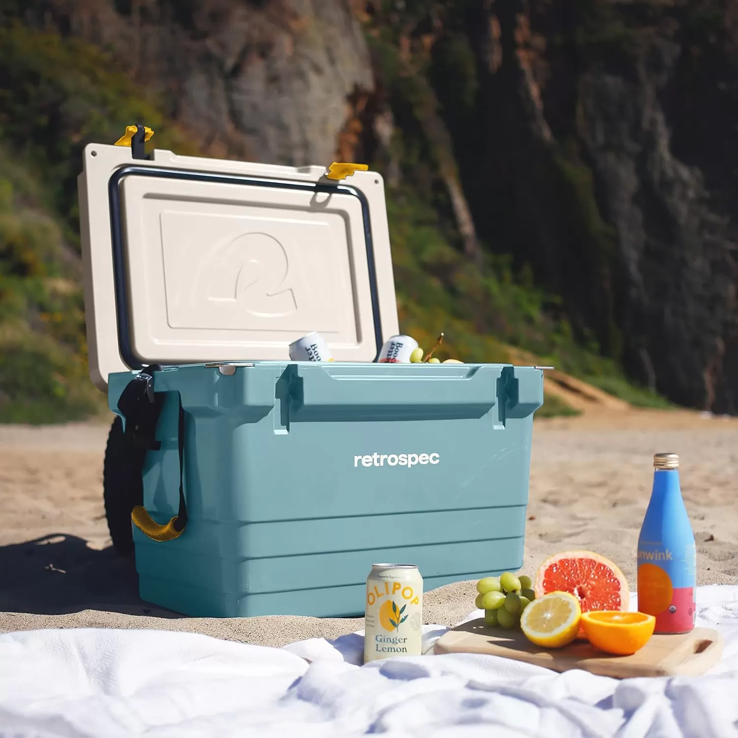 imageRetrospec Palisade Rotomolded Cooler  Fully Insulated Portable Ice Chest with Built in Bottle Opener TieDown Slots ampamp Dry Goods Basket  Large Beach Camping ampamp Travel Coolers 25 45 ampamp 65qtCoastal Blue