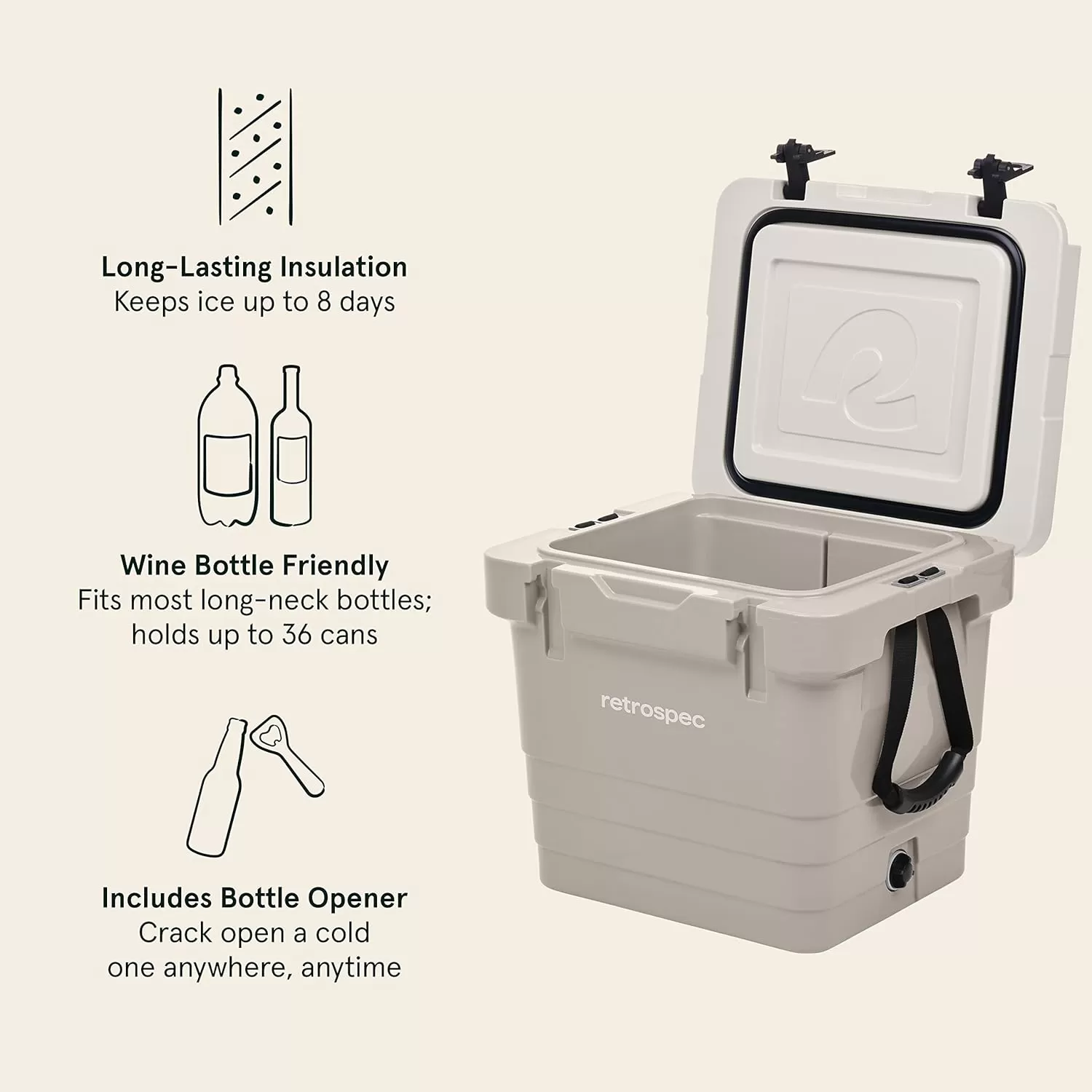 imageRetrospec Palisade Rotomolded Cooler  Fully Insulated Portable Ice Chest with Built in Bottle Opener TieDown Slots ampamp Dry Goods Basket  Large Beach Camping ampamp Travel Coolers 25 45 ampamp 65qtDune