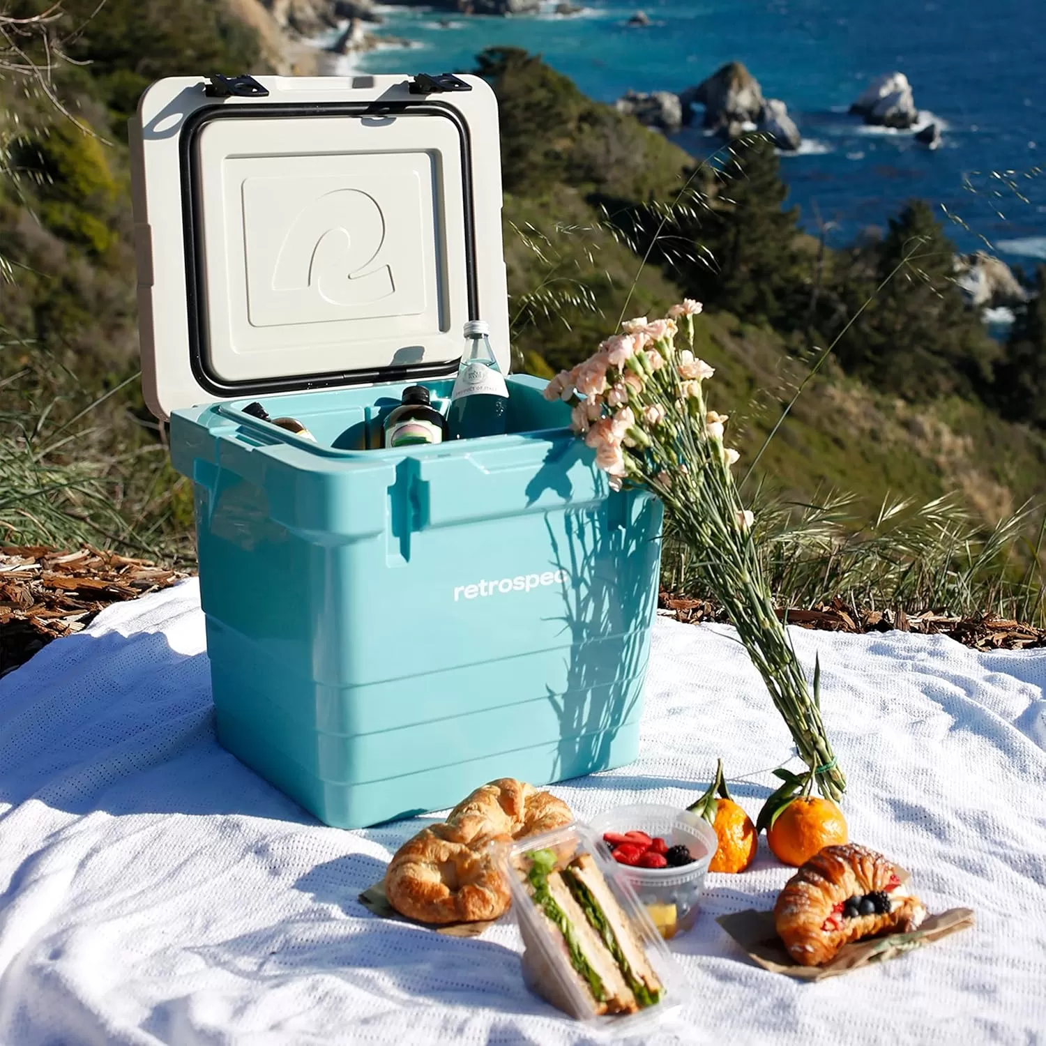 imageRetrospec Palisade Rotomolded Cooler  Fully Insulated Portable Ice Chest with Built in Bottle Opener TieDown Slots ampamp Dry Goods Basket  Large Beach Camping ampamp Travel Coolers 25 45 ampamp 65qtBlue Ridge