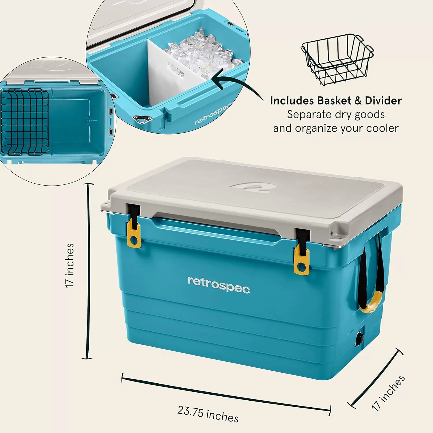 imageRetrospec Palisade Rotomolded Cooler  Fully Insulated Portable Ice Chest with Built in Bottle Opener TieDown Slots ampamp Dry Goods Basket  Large Beach Camping ampamp Travel Coolers 25 45 ampamp 65qtCoastal Blue