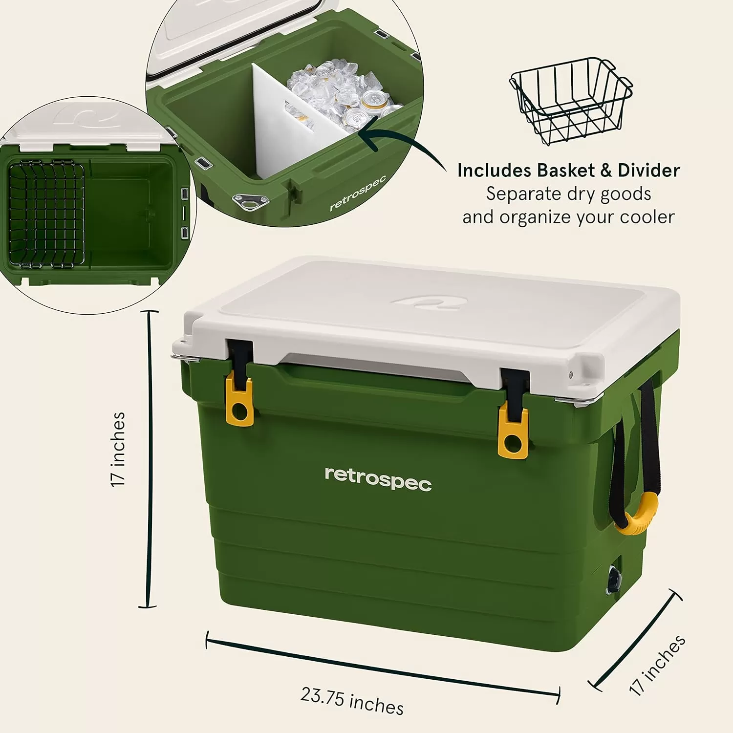 imageRetrospec Palisade Rotomolded Cooler  Fully Insulated Portable Ice Chest with Built in Bottle Opener TieDown Slots ampamp Dry Goods Basket  Large Beach Camping ampamp Travel Coolers 25 45 ampamp 65qtForest