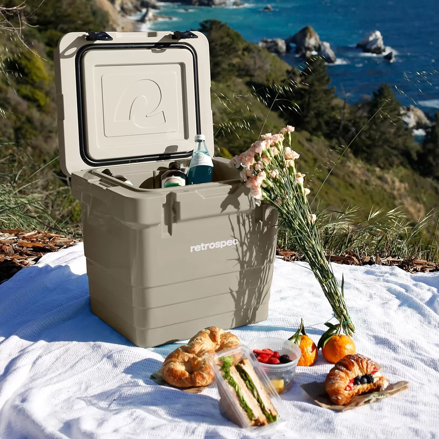imageRetrospec Palisade Rotomolded Cooler  Fully Insulated Portable Ice Chest with Built in Bottle Opener TieDown Slots ampamp Dry Goods Basket  Large Beach Camping ampamp Travel Coolers 25 45 ampamp 65qtDune