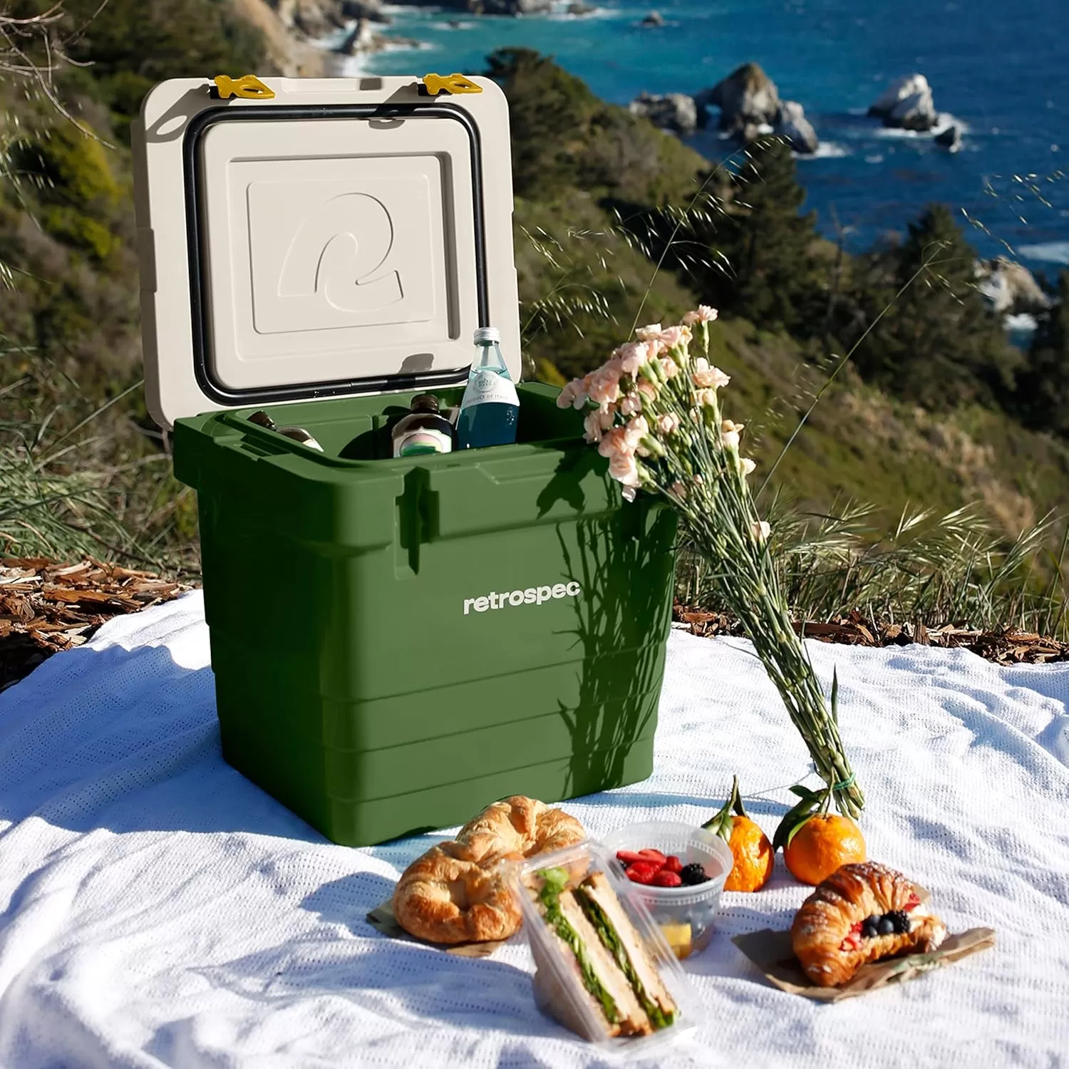 imageRetrospec Palisade Rotomolded Cooler  Fully Insulated Portable Ice Chest with Built in Bottle Opener TieDown Slots ampamp Dry Goods Basket  Large Beach Camping ampamp Travel Coolers 25 45 ampamp 65qtForest