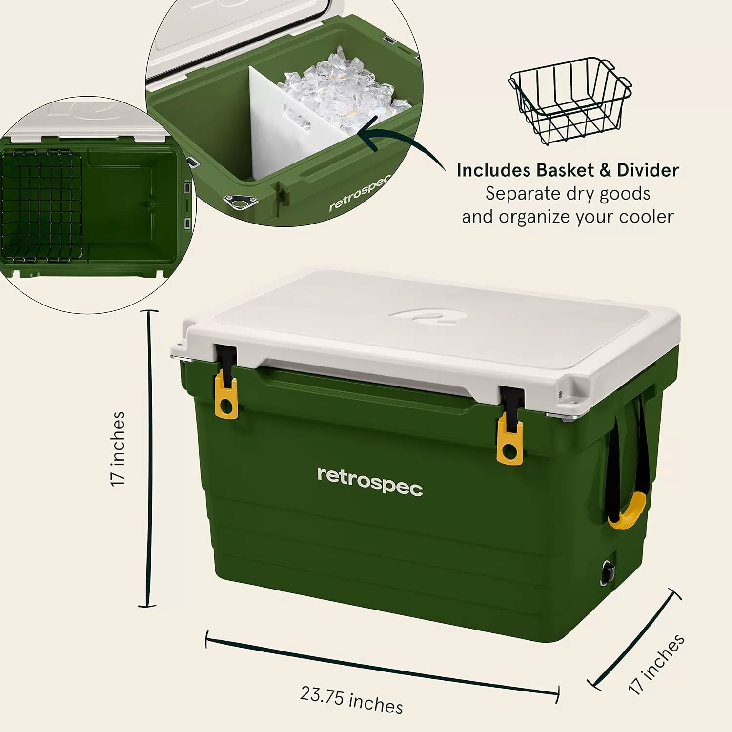 imageRetrospec Palisade Rotomolded Cooler  Fully Insulated Portable Ice Chest with Built in Bottle Opener TieDown Slots ampamp Dry Goods Basket  Large Beach Camping ampamp Travel Coolers 25 45 ampamp 65qtForest