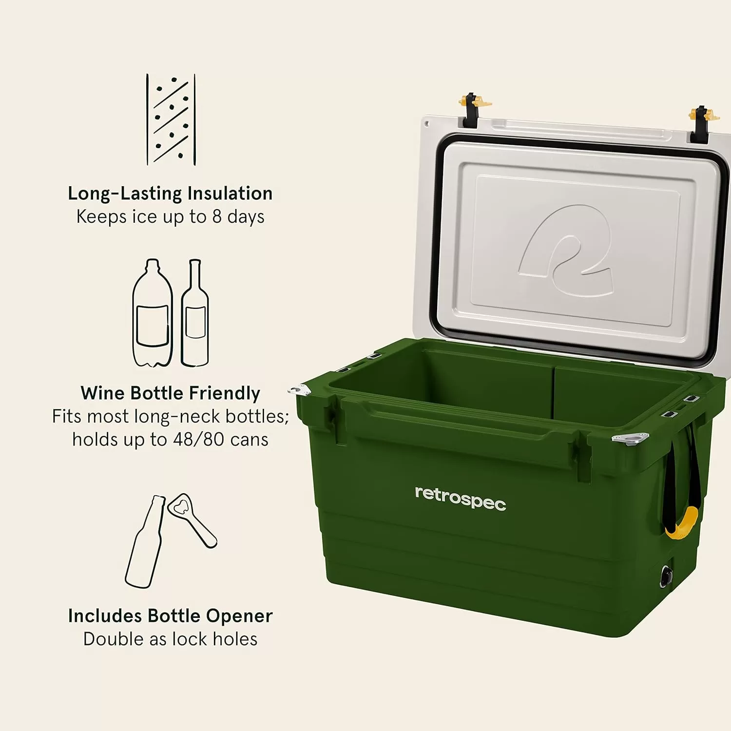 imageRetrospec Palisade Rotomolded Cooler  Fully Insulated Portable Ice Chest with Built in Bottle Opener TieDown Slots ampamp Dry Goods Basket  Large Beach Camping ampamp Travel Coolers 25 45 ampamp 65qtForest
