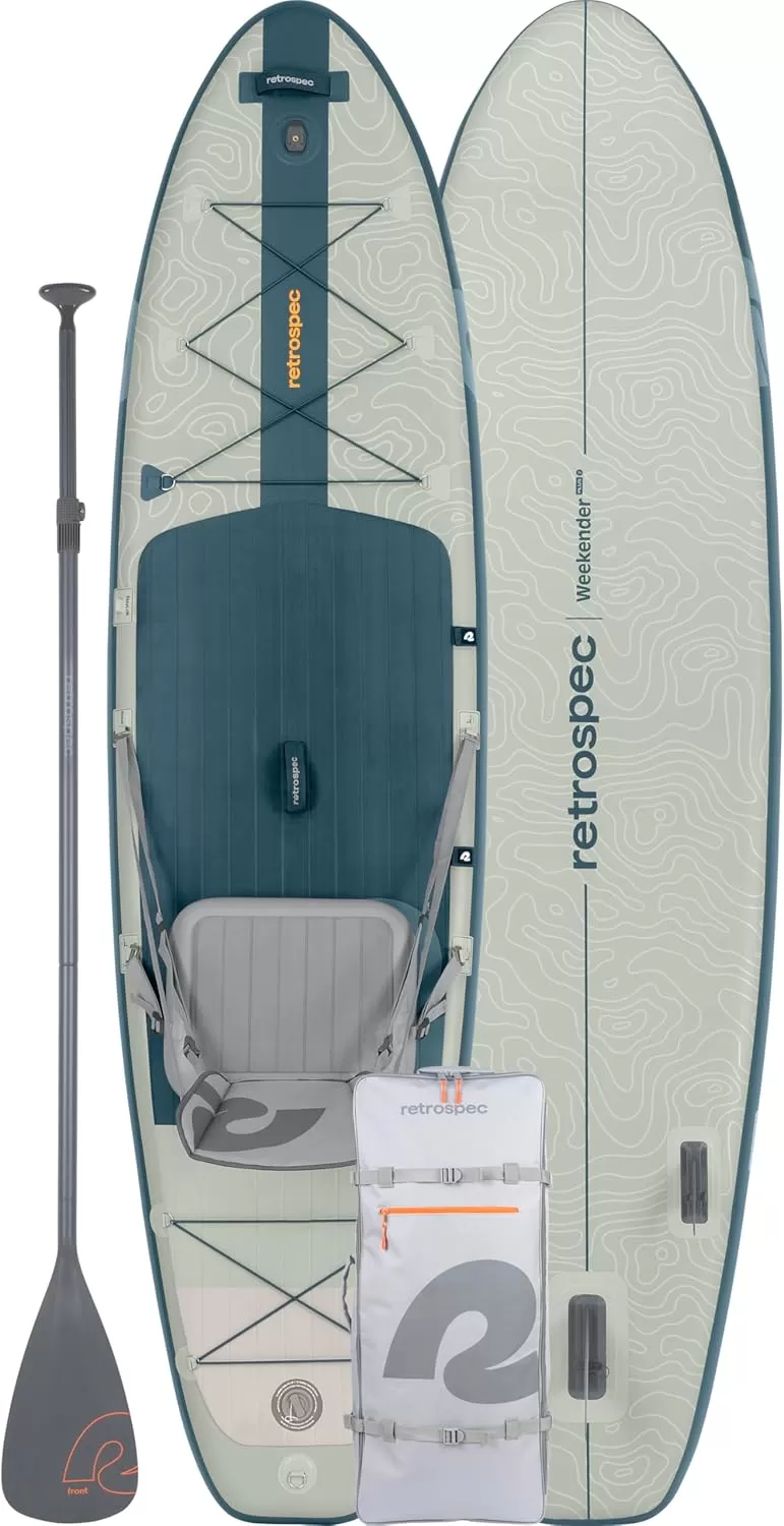 imageRetrospec Weekender Plus 10 Inflatable Stand Up Paddleboard Double Layer PVC iSUP Bundle wCarrying case 3 Piece Adjustable Aluminum Paddle 3 Removable fins Pump and Cell Phone caseRiver Rock