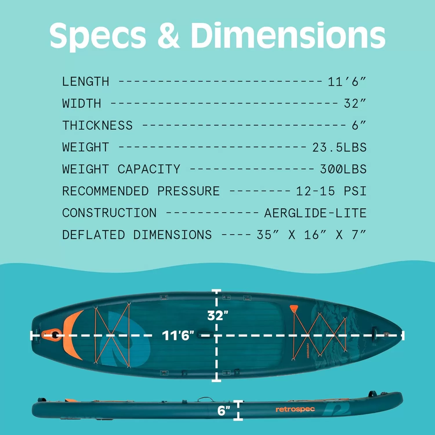 imageRetrospec Weekender Tour 116 Inflatable Stand Up Touring Paddle Board Includes Paddle Pump and iSUP Accessories Puncture Resistant Lightweight Inflatable Paddle BoardDeep Sea