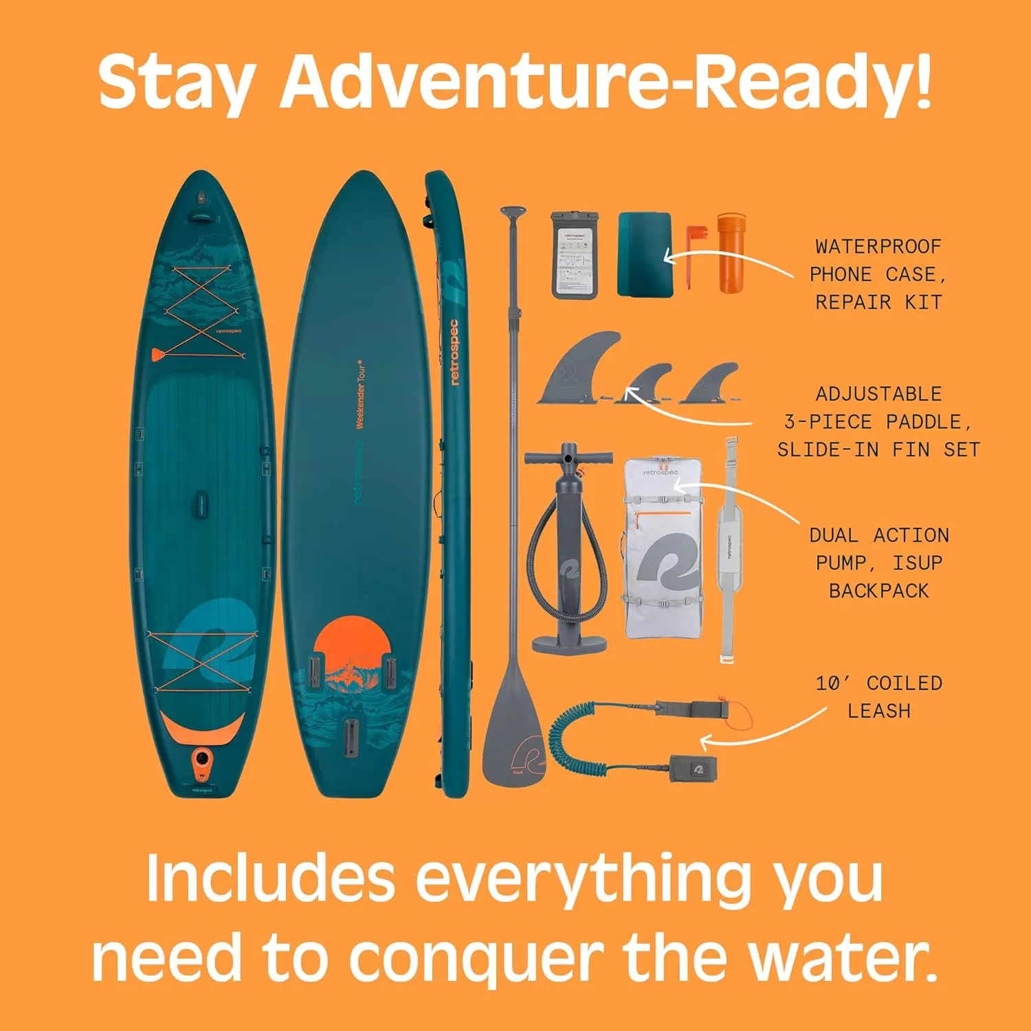 imageRetrospec Weekender Tour 116 Inflatable Stand Up Touring Paddle Board Includes Paddle Pump and iSUP Accessories Puncture Resistant Lightweight Inflatable Paddle BoardDeep Sea