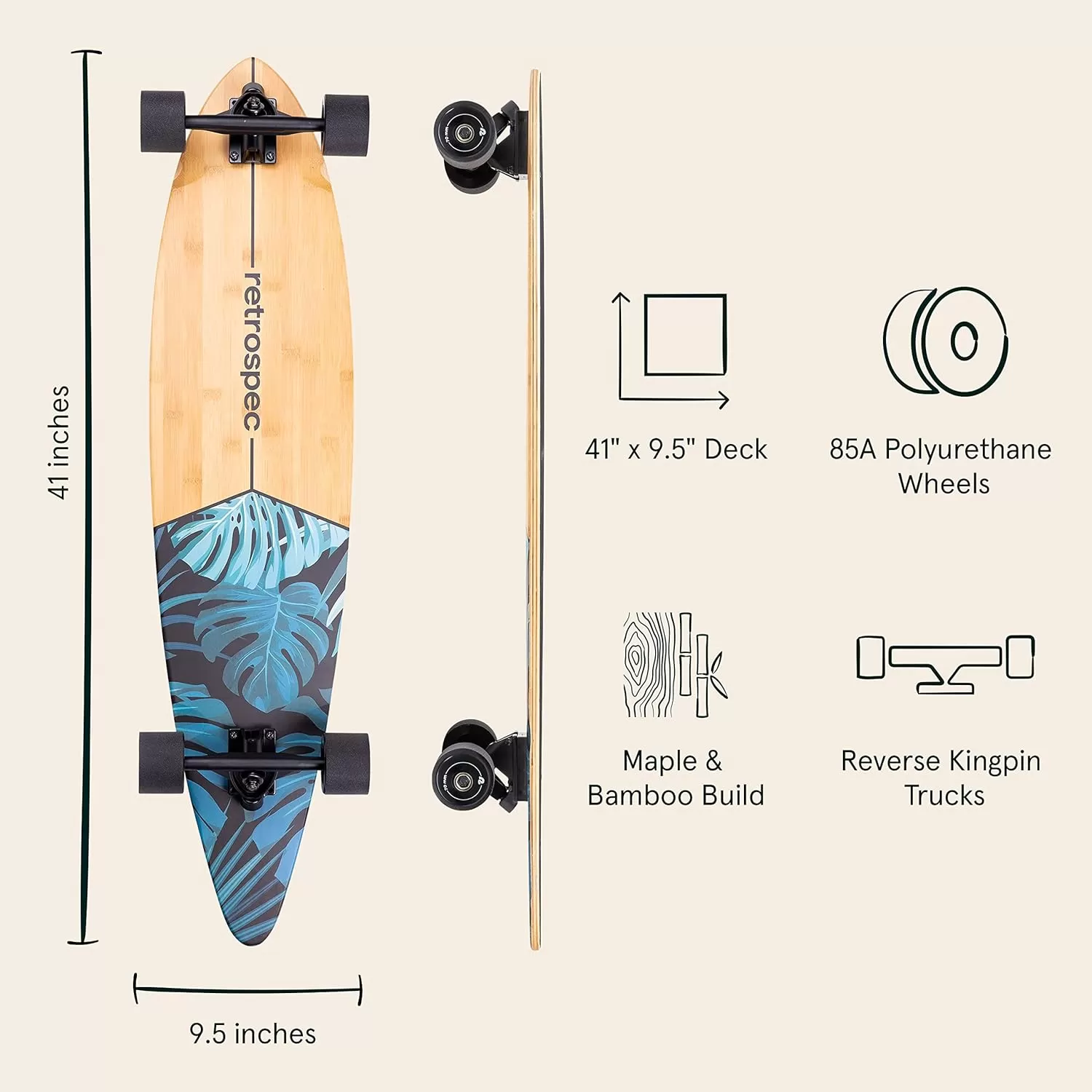 imageRetrospec Zed Cruiser ampamp Pintail Longboard Skateboard Complete Cruiser  Bamboo ampamp Canadian Maple Wood Cruiser wReverse Kingpin Trucks for Commuting Cruising Carving ampamp Downhill RidingDark Tropics