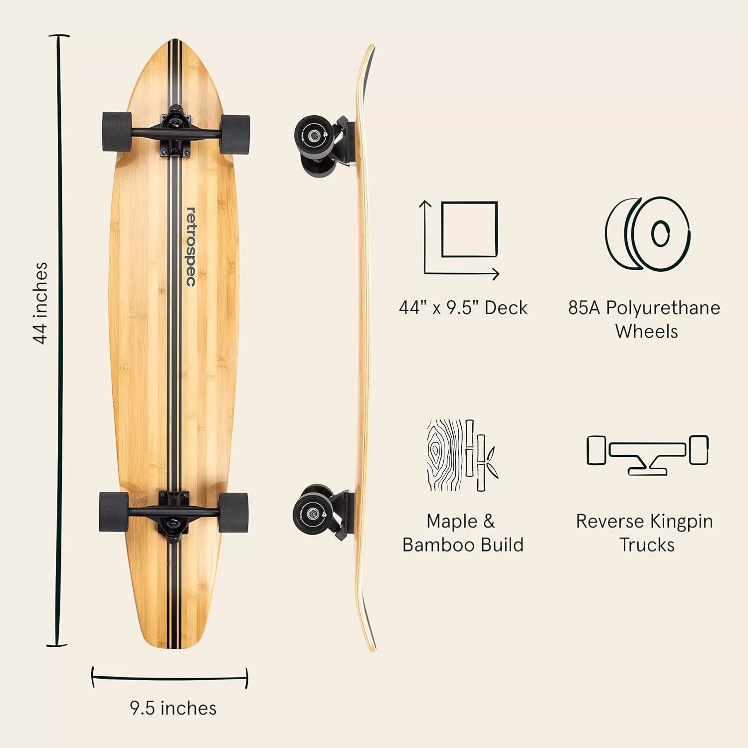 imageRetrospec Zed Cruiser ampamp Pintail Longboard Skateboard Complete Cruiser  Bamboo ampamp Canadian Maple Wood Cruiser wReverse Kingpin Trucks for Commuting Cruising Carving ampamp Downhill RidingBlack Pipeline