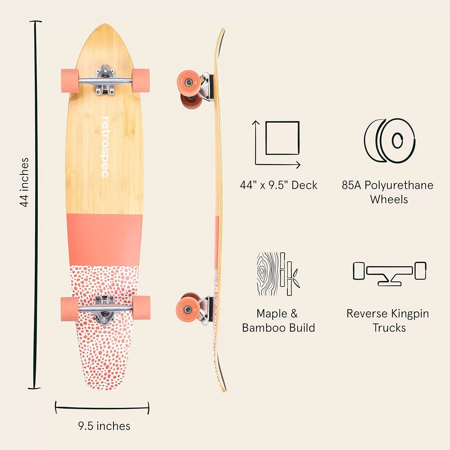 imageRetrospec Zed Cruiser ampamp Pintail Longboard Skateboard Complete Cruiser  Bamboo ampamp Canadian Maple Wood Cruiser wReverse Kingpin Trucks for Commuting Cruising Carving ampamp Downhill RidingCoral Reef