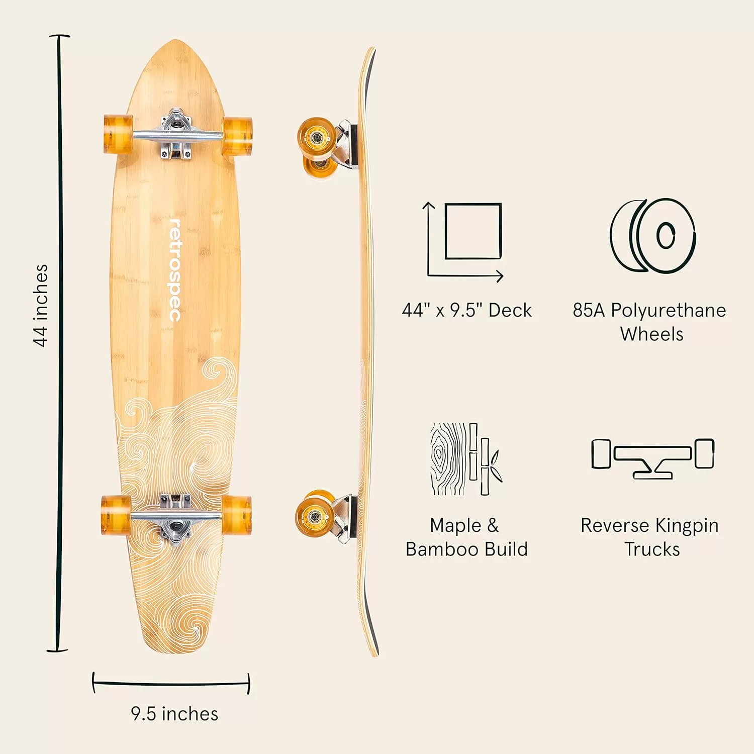 imageRetrospec Zed Cruiser ampamp Pintail Longboard Skateboard Complete Cruiser  Bamboo ampamp Canadian Maple Wood Cruiser wReverse Kingpin Trucks for Commuting Cruising Carving ampamp Downhill RidingRiptide