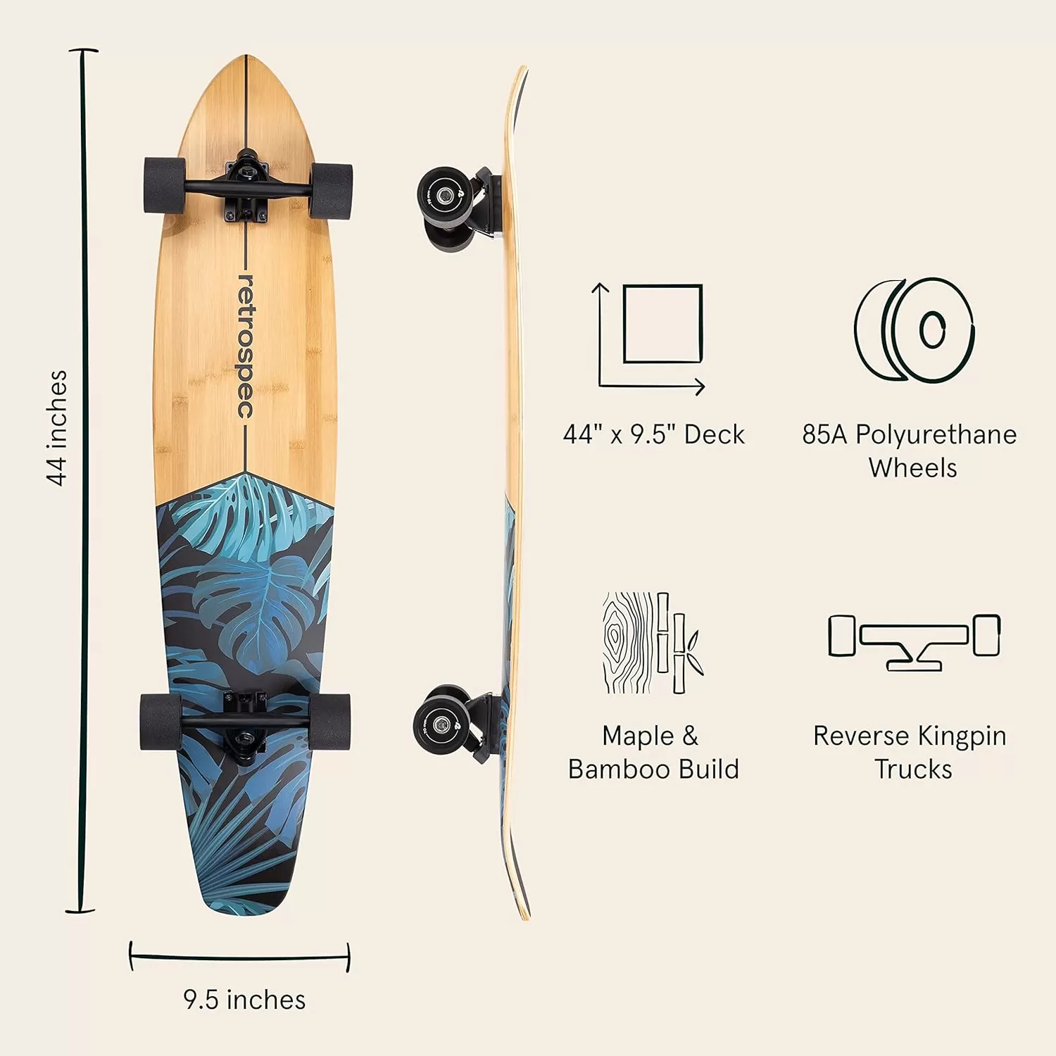 imageRetrospec Zed Cruiser ampamp Pintail Longboard Skateboard Complete Cruiser  Bamboo ampamp Canadian Maple Wood Cruiser wReverse Kingpin Trucks for Commuting Cruising Carving ampamp Downhill RidingDark Tropics