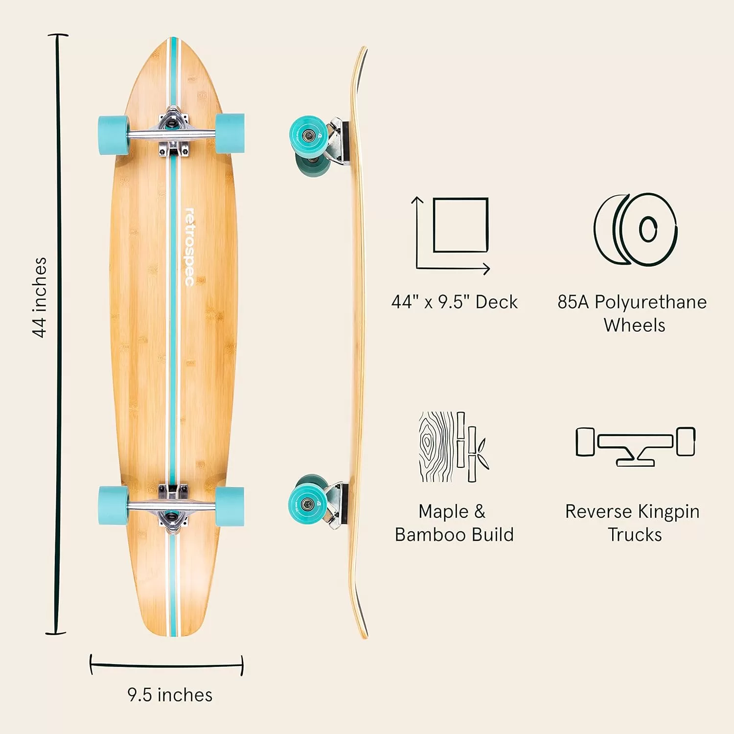 imageRetrospec Zed Cruiser ampamp Pintail Longboard Skateboard Complete Cruiser  Bamboo ampamp Canadian Maple Wood Cruiser wReverse Kingpin Trucks for Commuting Cruising Carving ampamp Downhill RidingAqua Pipeline
