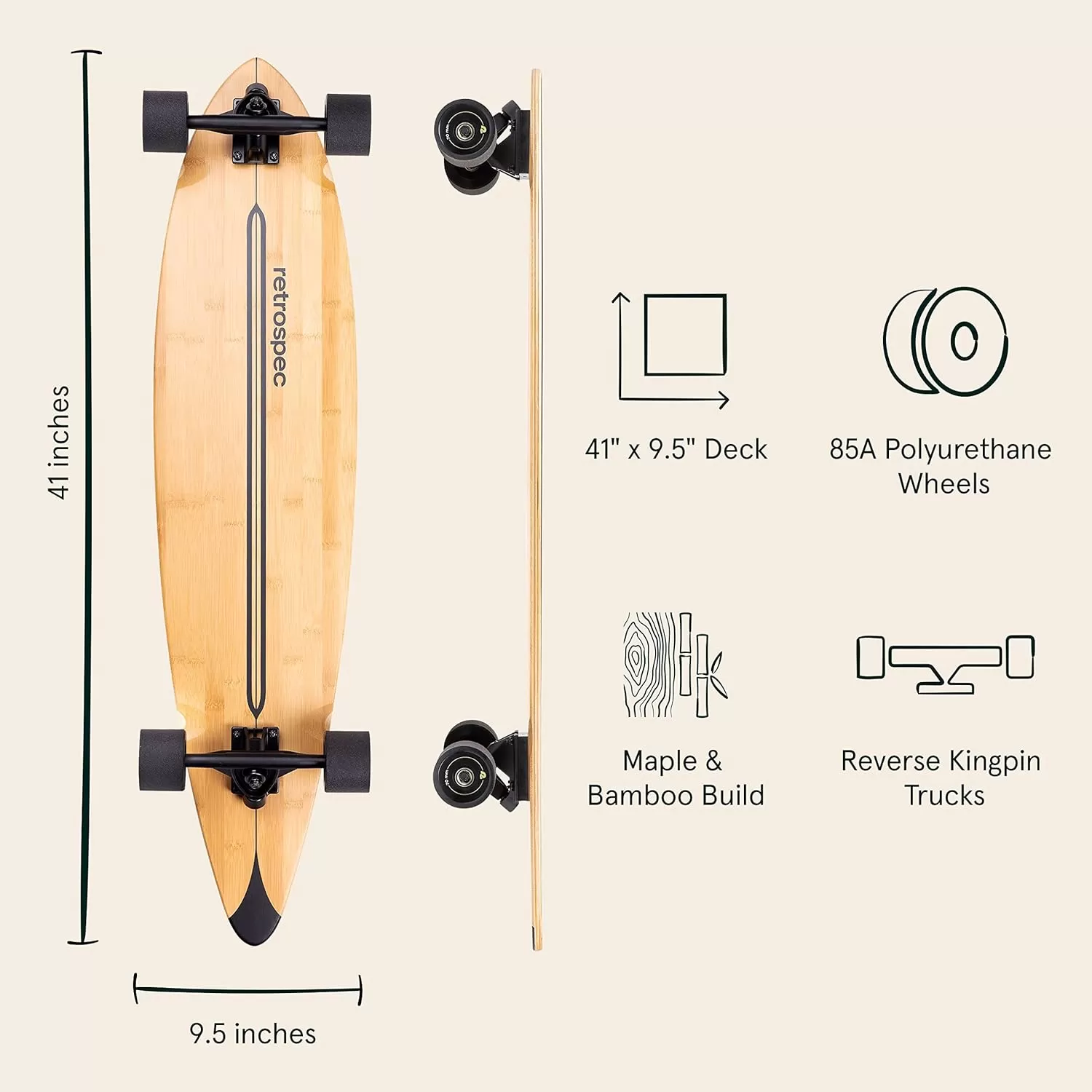 imageRetrospec Zed Cruiser ampamp Pintail Longboard Skateboard Complete Cruiser  Bamboo ampamp Canadian Maple Wood Cruiser wReverse Kingpin Trucks for Commuting Cruising Carving ampamp Downhill RidingBlack Pipeline