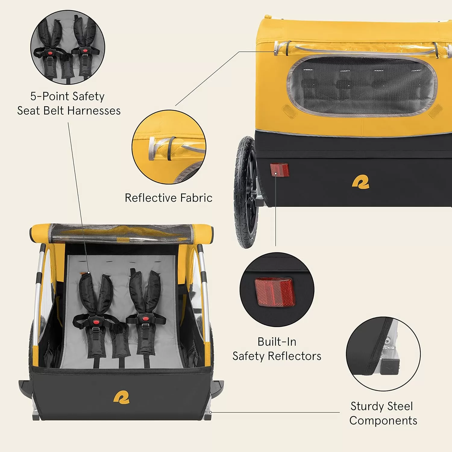 imageSingle ampamp Double Passenger Childrens FoldableCollapsible Tow Behind Bike Trailer with 16quot Wheels Safety Reflectors ampamp Rear Storage CompartmentSun