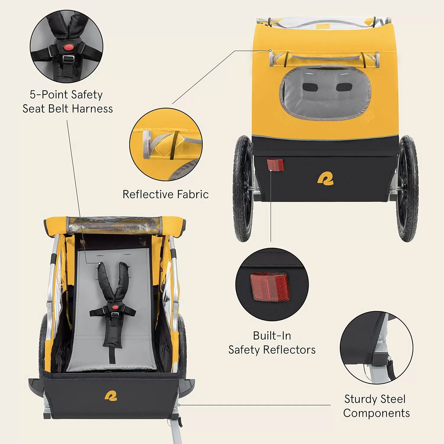 imageSingle ampamp Double Passenger Childrens FoldableCollapsible Tow Behind Bike Trailer with 16quot Wheels Safety Reflectors ampamp Rear Storage CompartmentSun