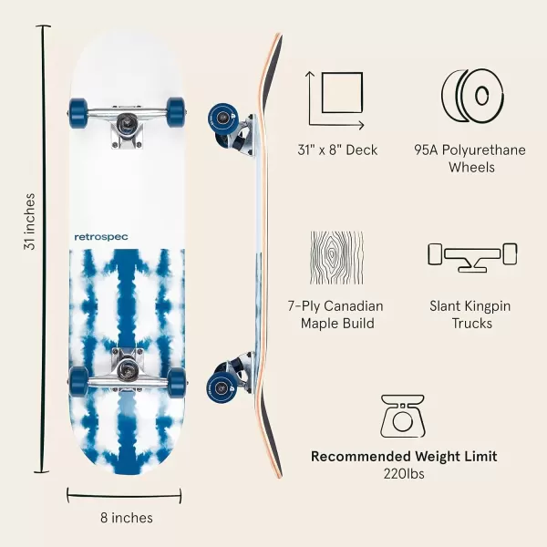 imageRetrospec Alameda Skateboard Complete  Canadian Maple Wood Deck w 55 Inch Aluminum Alloy Trucks for Commuting Cruising Carving ampamp Downhill RidingAzul Mist
