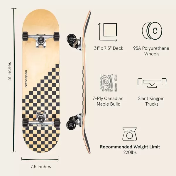 imageRetrospec Alameda Skateboard Complete  Canadian Maple Wood Deck w 55 Inch Aluminum Alloy Trucks for Commuting Cruising Carving ampamp Downhill RidingBlack Checker