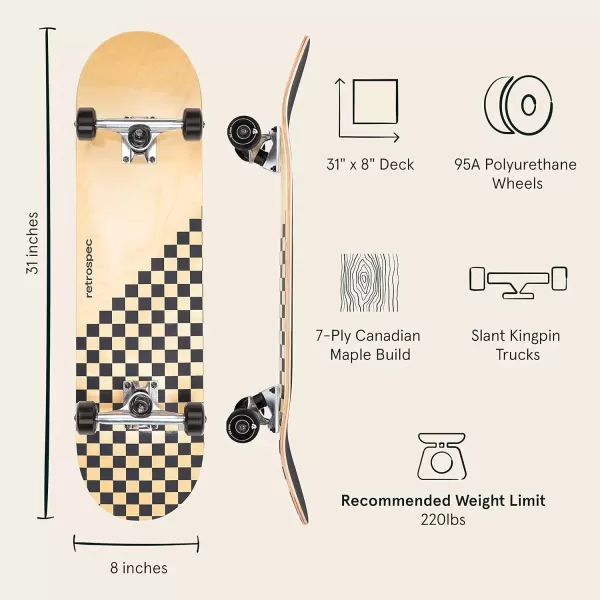 imageRetrospec Alameda Skateboard Complete  Canadian Maple Wood Deck w 55 Inch Aluminum Alloy Trucks for Commuting Cruising Carving ampamp Downhill RidingBlack Checker