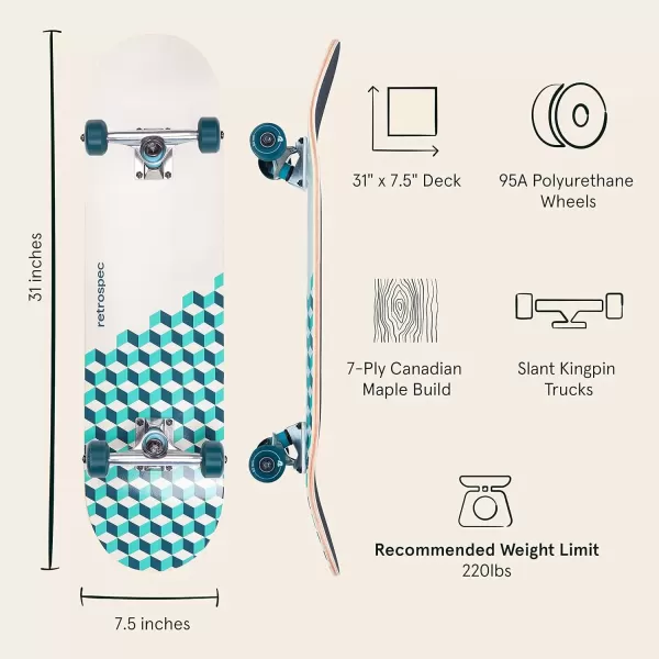 imageRetrospec Alameda Skateboard Complete  Canadian Maple Wood Deck w 55 Inch Aluminum Alloy Trucks for Commuting Cruising Carving ampamp Downhill RidingMarine Isometric