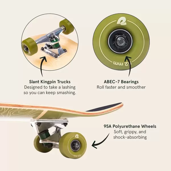 imageRetrospec Alameda Skateboard Complete  Canadian Maple Wood Deck w 55 Inch Aluminum Alloy Trucks for Commuting Cruising Carving ampamp Downhill RidingTopo Olive