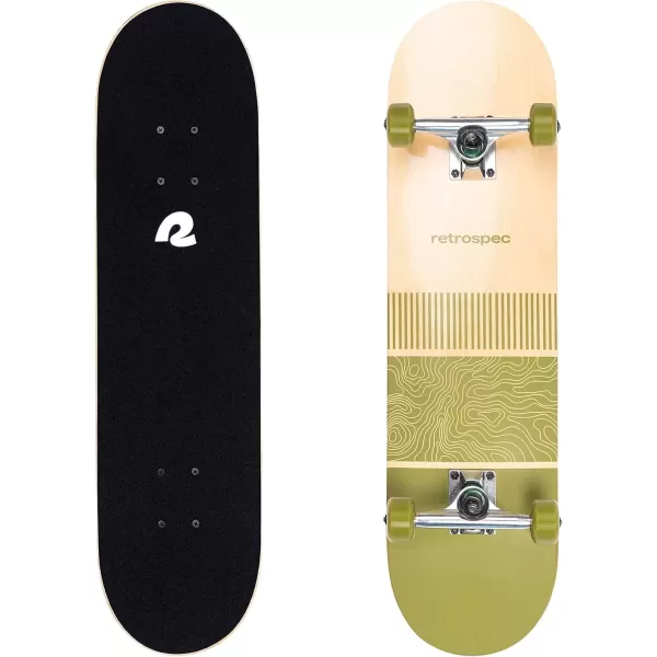 imageRetrospec Alameda Skateboard Complete  Canadian Maple Wood Deck w 55 Inch Aluminum Alloy Trucks for Commuting Cruising Carving ampamp Downhill RidingTopo Olive
