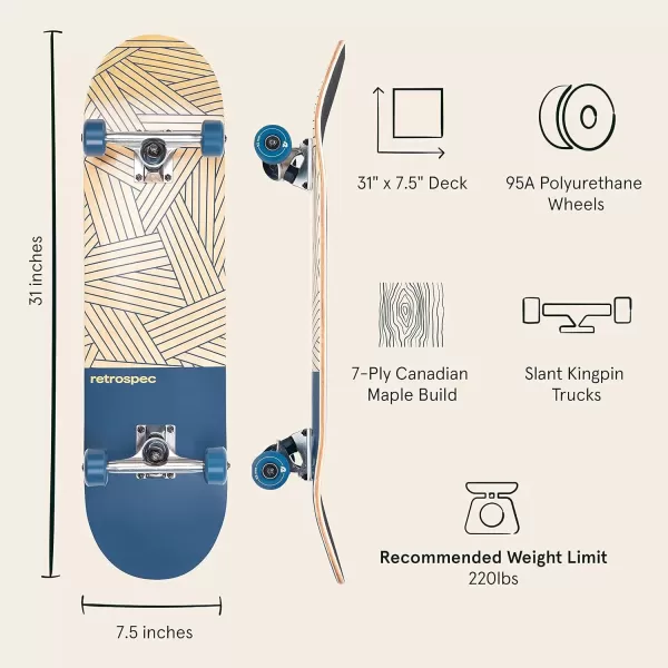 imageRetrospec Alameda Skateboard Complete  Canadian Maple Wood Deck w 55 Inch Aluminum Alloy Trucks for Commuting Cruising Carving ampamp Downhill RidingWoven Navy