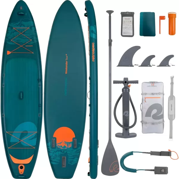 imageRetrospec Weekender Tour 116 Inflatable Stand Up Touring Paddle Board Includes Paddle Pump and iSUP Accessories Puncture Resistant Lightweight Inflatable Paddle BoardDeep Sea