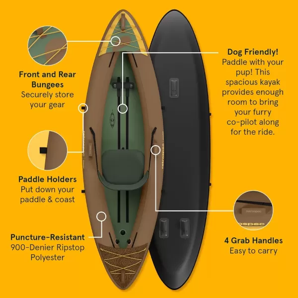 imageRetrospec Coaster Single ampamp Tandem Inflatable Kayak  1 ampamp 2 Person Inflatable Kayak for Adults 220 ampamp 500lb Weight Capacity Puncture Resistant Lightweight Kayak with Adjustable Seats Paddle ampamp PumpWild Spruce