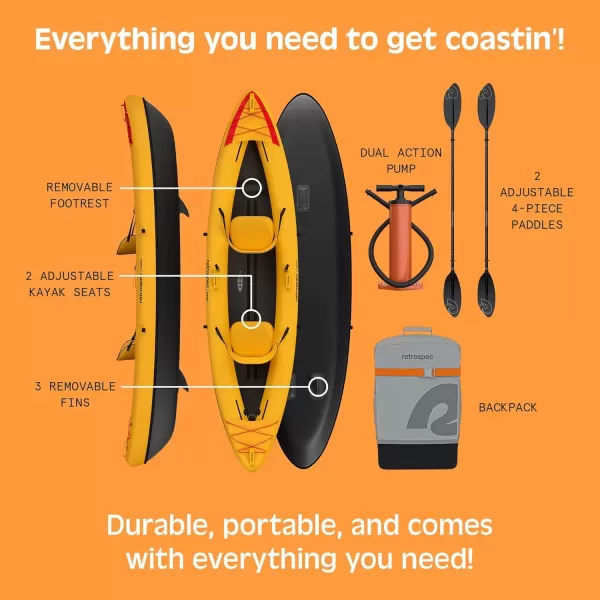 imageRetrospec Coaster Single ampamp Tandem Inflatable Kayak  1 ampamp 2 Person Inflatable Kayak for Adults 220 ampamp 500lb Weight Capacity Puncture Resistant Lightweight Kayak with Adjustable Seats Paddle ampamp PumpSunglow