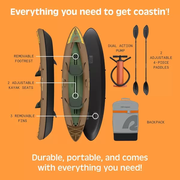 imageRetrospec Coaster Single ampamp Tandem Inflatable Kayak  1 ampamp 2 Person Inflatable Kayak for Adults 220 ampamp 500lb Weight Capacity Puncture Resistant Lightweight Kayak with Adjustable Seats Paddle ampamp PumpWild Spruce