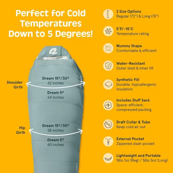 imageRetrospec Dream 5 15 30 Sleeping Bag  Mummy Sleeping Bag for Camping Insulated Cold Weather Sleeping Bag Lightweight Stuff Sack WaterResistant and Adjustable Draw Cords Adult Sleeping BagJuniper