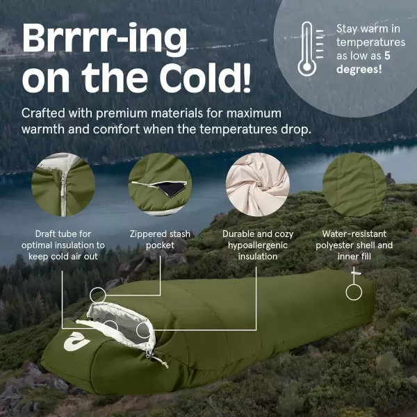 imageRetrospec Dream 5 15 30 Sleeping Bag  Mummy Sleeping Bag for Camping Insulated Cold Weather Sleeping Bag Lightweight Stuff Sack WaterResistant and Adjustable Draw Cords Adult Sleeping BagJuniper