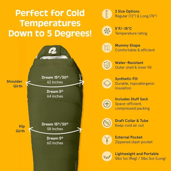 imageRetrospec Dream 5 15 30 Sleeping Bag  Mummy Sleeping Bag for Camping Insulated Cold Weather Sleeping Bag Lightweight Stuff Sack WaterResistant and Adjustable Draw Cords Adult Sleeping BagJuniper