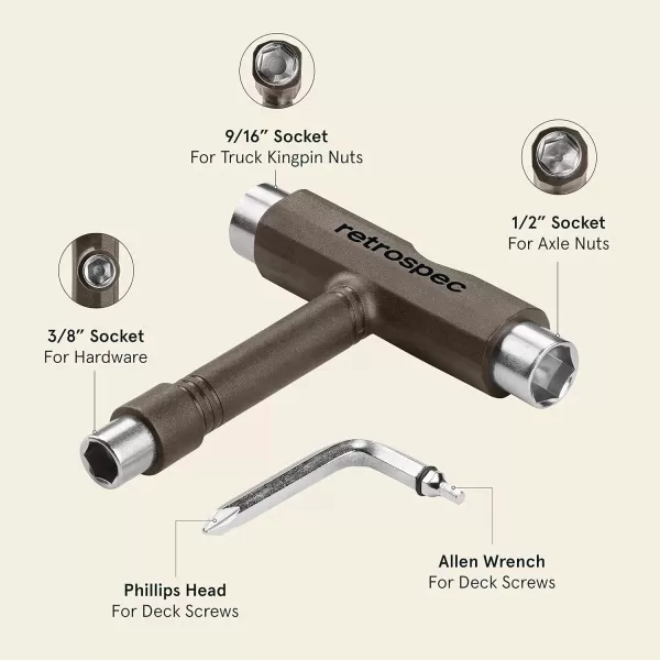 imageRetrospec Upkeep AllinOne MultiFunction Portable Skate Tool with 2in1 Allen Wrench ampamp Phillips Head Screwdriver for Adjusting and Tightening SkateboardLongboard Wheels Trucks and KingpinsBasalt